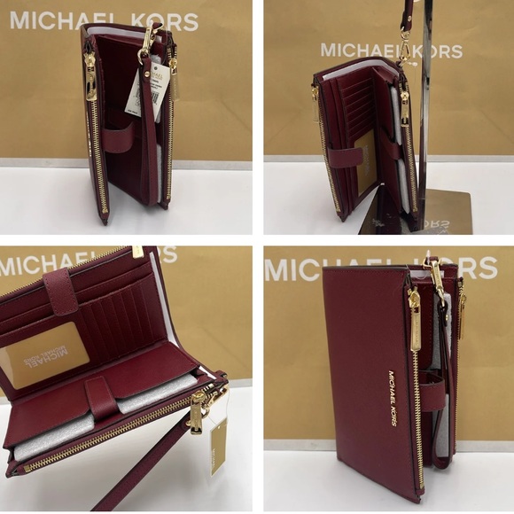 MICHAEL KORS LARGE DOUBLE ZIP WRISTLET WALLET DARK CHERRY COLOR - Picture 16 of 16